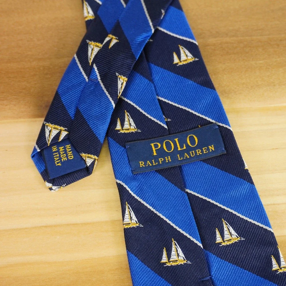 Polo Ralph Lauren Necktie Kids Blue Sailboat Nautical Silk Stripe Preppy Italy